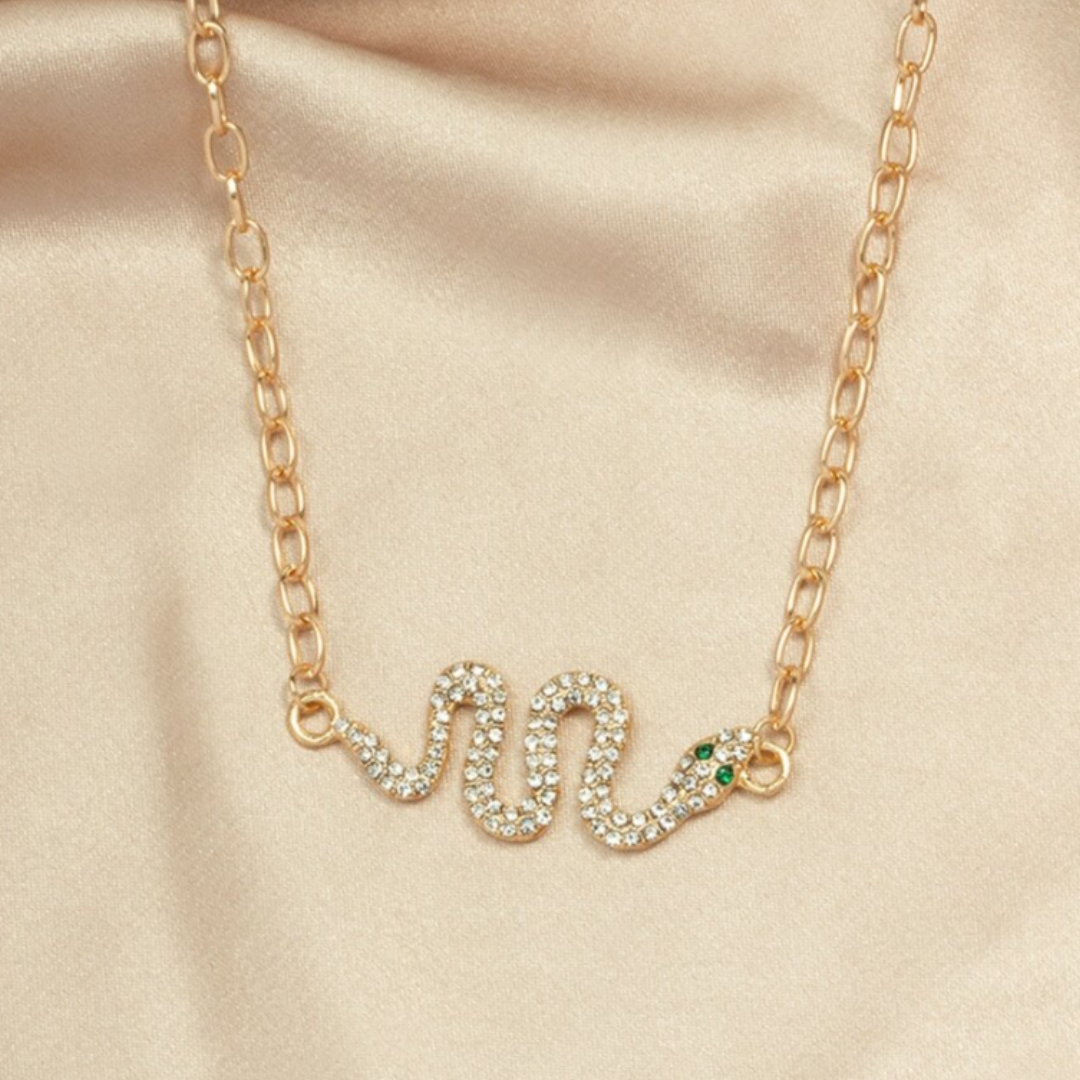 Gold-Plated Snake Link Rhinestone Pendant Necklace