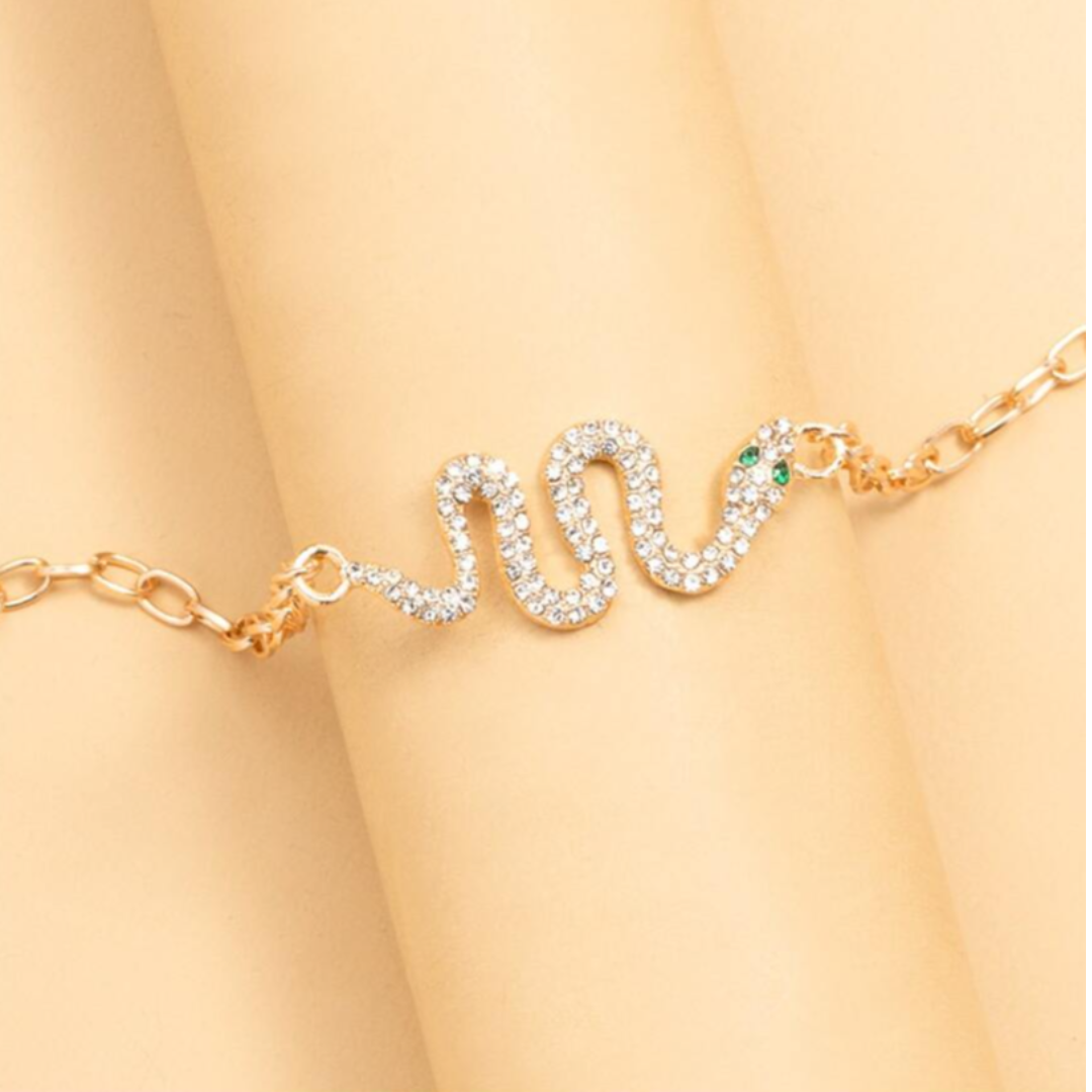 Gold-Plated Snake Link Rhinestone Pendant Necklace