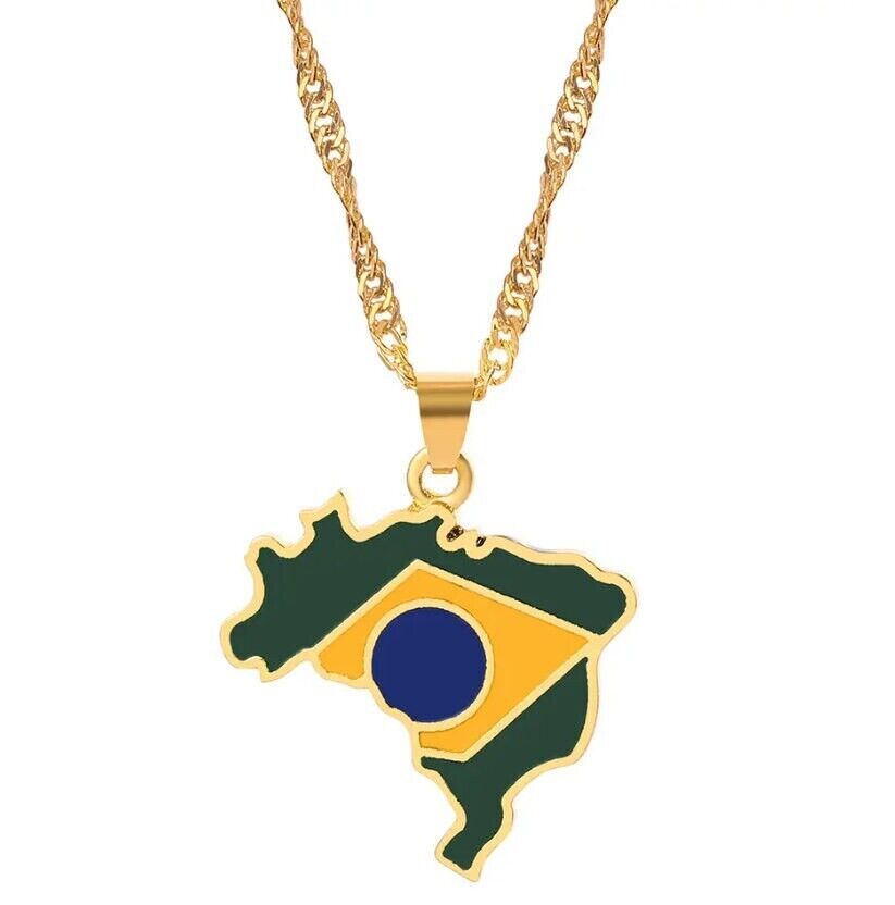 Brazil Map Flag Enamel Pendant Necklace | High-quality African and Caribbean inspired by Jewellery and accessories | African Jewellery | Caribbean jewellery | Afro-Caribbean accessories | African jewelry