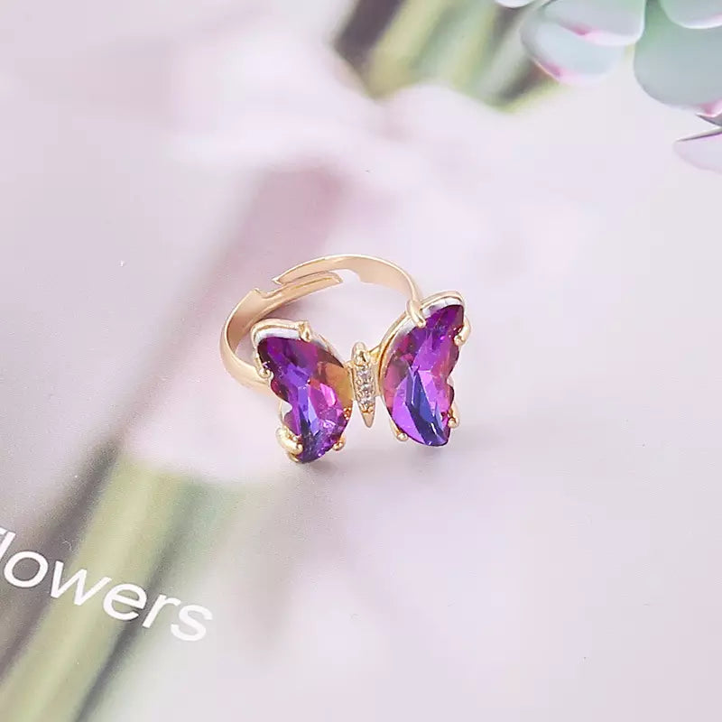 Adjustable Gold-plated Purple Crystal Butterfly Ring
