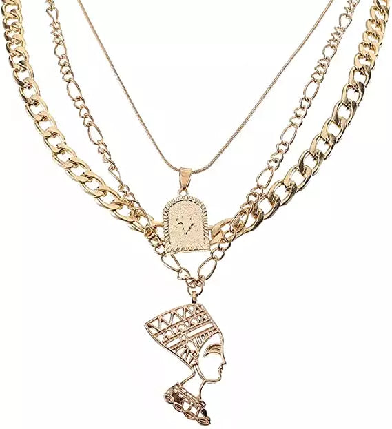 Layered Multi-Chain Nefertiti Outline Necklace | High-quality African and Caribbean inspired by Jewellery and accessories | African Jewellery | Caribbean jewellery | Afro-Caribbean accessories