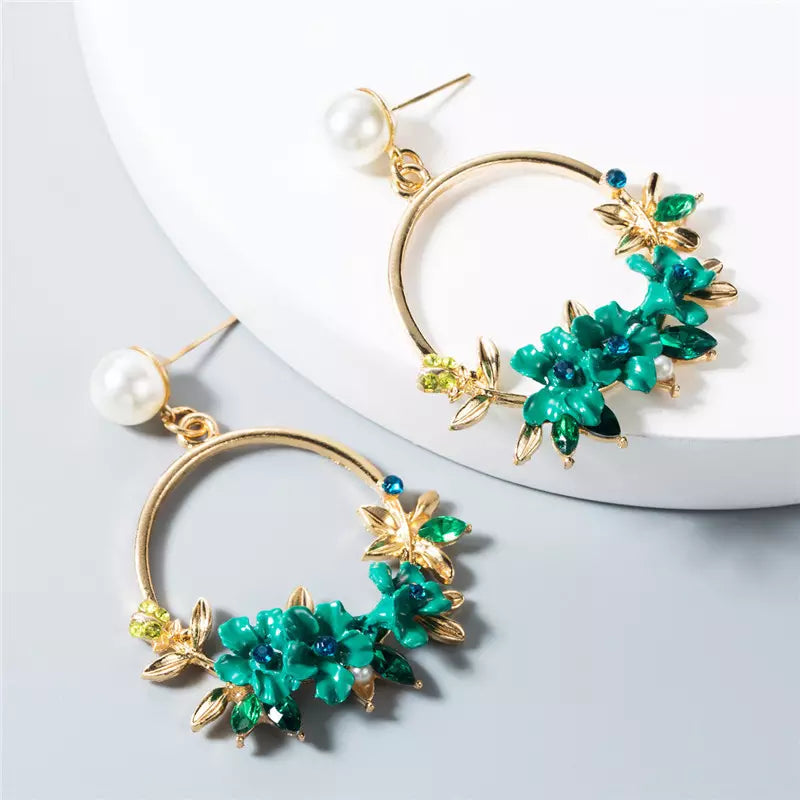 Green Flower Rhinestone Dangle Stud Earrings | High-quality African and Caribbean inspired by Jewellery and accessories | African Jewellery | Caribbean jewellery | Afro-Caribbean accessories