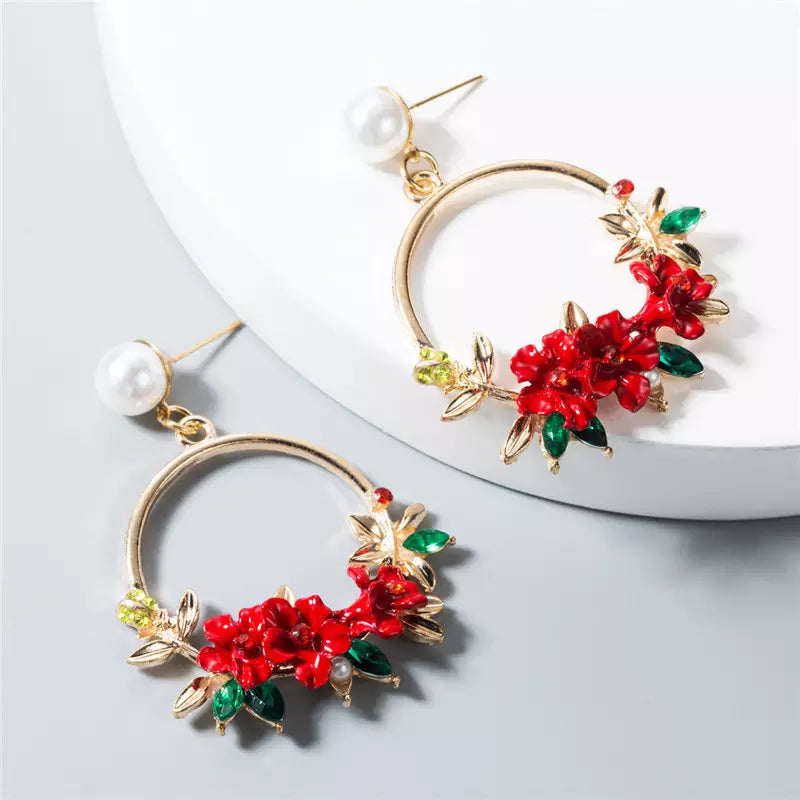 Red Flower Rhinestone Dangle Stud Earrings | High-quality African and Caribbean inspired by Jewellery and accessories | African Jewellery | Caribbean jewellery | Afro-Caribbean accessories
