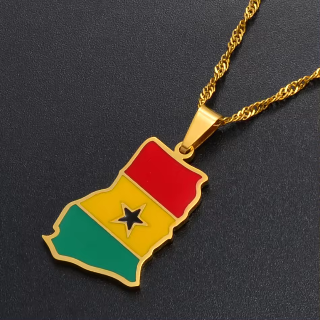 Ghana Map Flag Stainless Steel Pendant Necklace" | "Close-up of Ghana Map Flag Pendant Necklace" | "Ghana Map Necklace with National Flag Colors" | "Stainless Steel Ghana Map Pendant on Chain" | "African Heritage Jewelry - Ghana Map Flag Necklace" | "Unisex Ghana Flag Necklace in Stainless Steel" | "Ghana Map Flag Pendant Necklace Display" | "Elegant Ghana Map Necklace with Flag Design