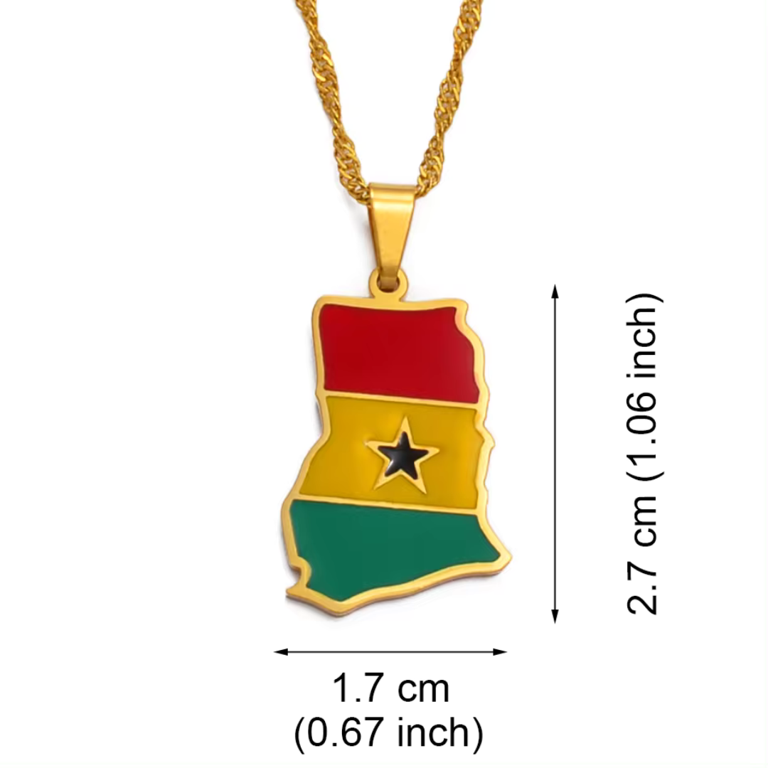 Ghana Map Flag Stainless Steel Pendant Necklace" | "Close-up of Ghana Map Flag Pendant Necklace" | "Ghana Map Necklace with National Flag Colors" | "Stainless Steel Ghana Map Pendant on Chain" | "African Heritage Jewelry - Ghana Map Flag Necklace" | "Unisex Ghana Flag Necklace in Stainless Steel" | "Ghana Map Flag Pendant Necklace Display" | "Elegant Ghana Map Necklace with Flag Design