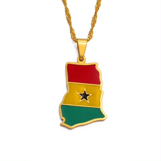 Ghana Map Flag Stainless Steel Pendant Necklace" | "Close-up of Ghana Map Flag Pendant Necklace" | "Ghana Map Necklace with National Flag Colors" | "Stainless Steel Ghana Map Pendant on Chain" | "African Heritage Jewelry - Ghana Map Flag Necklace" | "Unisex Ghana Flag Necklace in Stainless Steel" | "Ghana Map Flag Pendant Necklace Display" | "Elegant Ghana Map Necklace with Flag Design