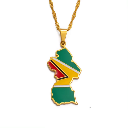 Guyana Map Flag Stainless Steel Pendant Necklace" | "Close-up of Guyana Map Flag Pendant Necklace" | "Guyana Map Necklace with National Flag Colors" | "Stainless Steel Guyana Map Pendant on Chain" | "Caribbean Heritage Jewelry - Guyana Map Flag Necklace" | "Unisex Guyana Flag Necklace in Stainless Steel" | "Guyana Map Flag Pendant Necklace Display" | "Elegant Guyana Map Necklace with Flag Design