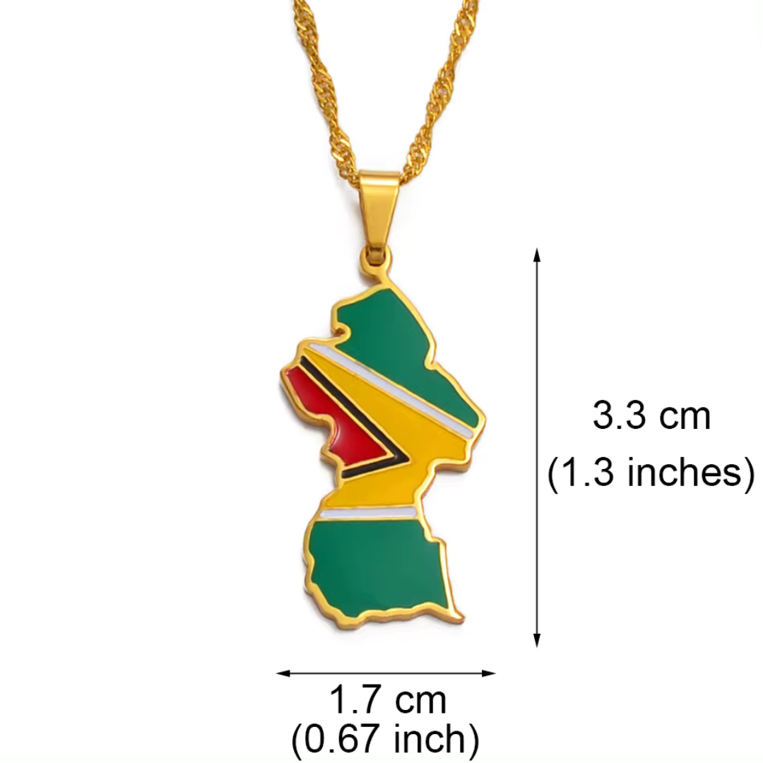 Guyana Map Flag Stainless Steel Pendant Necklace" | "Close-up of Guyana Map Flag Pendant Necklace" | "Guyana Map Necklace with National Flag Colors" | "Stainless Steel Guyana Map Pendant on Chain" | "Caribbean Heritage Jewelry - Guyana Map Flag Necklace" | "Unisex Guyana Flag Necklace in Stainless Steel" | "Guyana Map Flag Pendant Necklace Display" | "Elegant Guyana Map Necklace with Flag Design