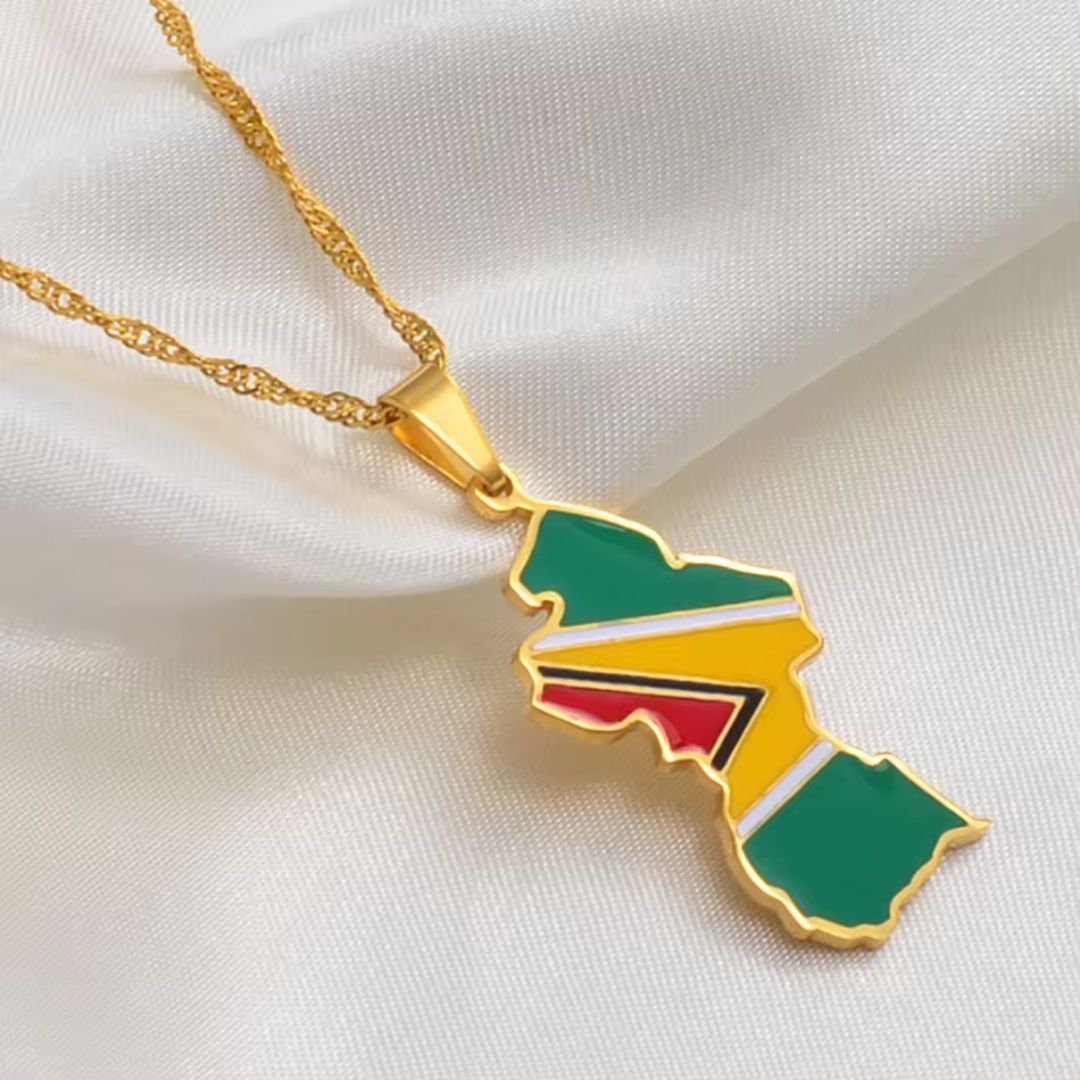 Guyana Map Flag Stainless Steel Pendant Necklace" | "Close-up of Guyana Map Flag Pendant Necklace" | "Guyana Map Necklace with National Flag Colors" | "Stainless Steel Guyana Map Pendant on Chain" | "Caribbean Heritage Jewelry - Guyana Map Flag Necklace" | "Unisex Guyana Flag Necklace in Stainless Steel" | "Guyana Map Flag Pendant Necklace Display" | "Elegant Guyana Map Necklace with Flag Design