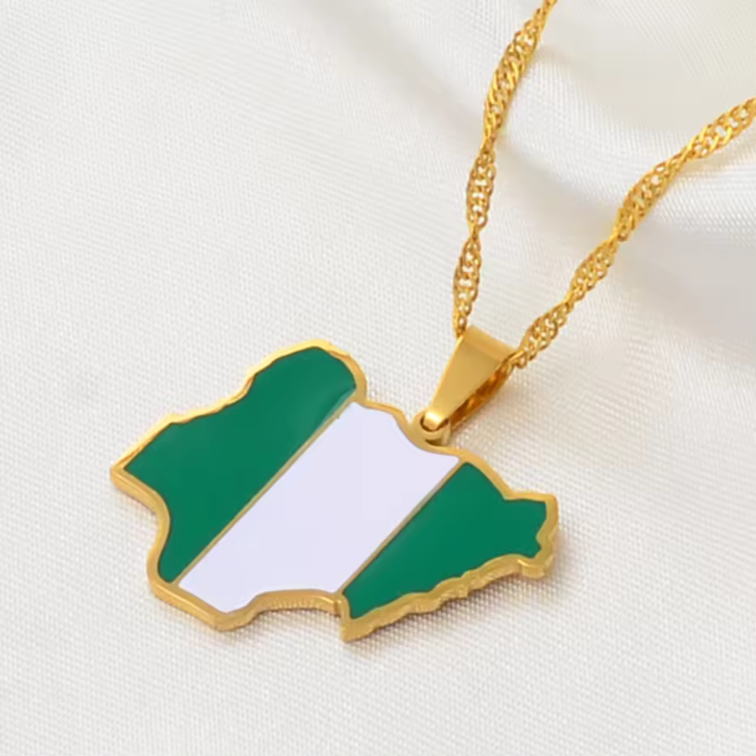 Nigeria Map Flag Stainless Steel Pendant Necklace" | "Close-up of Nigeria Map Flag Pendant Necklace" | "Nigeria Map Necklace with National Flag Colors" | "Stainless Steel Nigeria Map Pendant on Chain" | "African Heritage Jewelry - Nigeria Map Flag Necklace" | "Unisex Nigeria Flag Necklace in Stainless Steel" | "Nigeria Map Flag Pendant Necklace Display" | "Elegant Nigeria Map Necklace with Flag Design