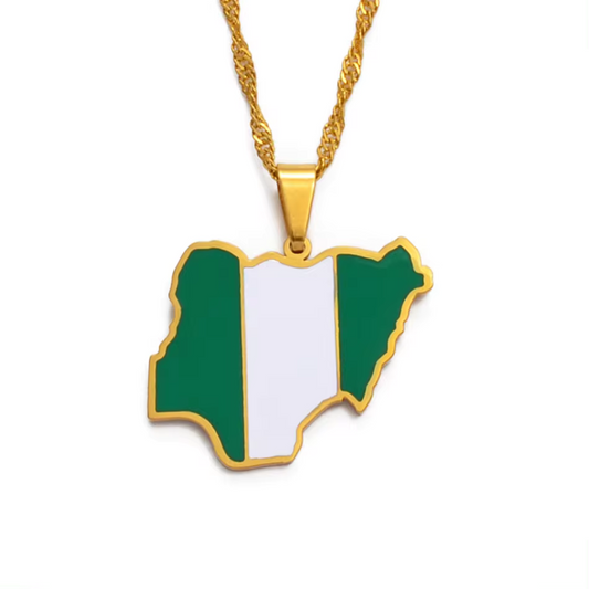 Nigeria Map Flag Stainless Steel Pendant Necklace" | "Close-up of Nigeria Map Flag Pendant Necklace" | "Nigeria Map Necklace with National Flag Colors" | "Stainless Steel Nigeria Map Pendant on Chain" | "African Heritage Jewelry - Nigeria Map Flag Necklace" | "Unisex Nigeria Flag Necklace in Stainless Steel" | "Nigeria Map Flag Pendant Necklace Display" | "Elegant Nigeria Map Necklace with Flag Design