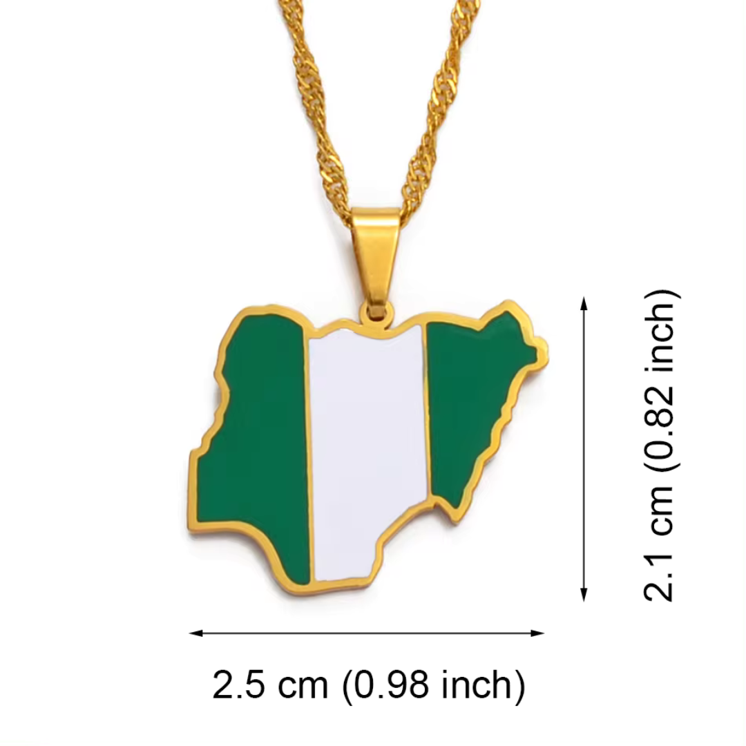 Nigeria Map Flag Stainless Steel Pendant Necklace" | "Close-up of Nigeria Map Flag Pendant Necklace" | "Nigeria Map Necklace with National Flag Colors" | "Stainless Steel Nigeria Map Pendant on Chain" | "African Heritage Jewelry - Nigeria Map Flag Necklace" | "Unisex Nigeria Flag Necklace in Stainless Steel" | "Nigeria Map Flag Pendant Necklace Display" | "Elegant Nigeria Map Necklace with Flag Design