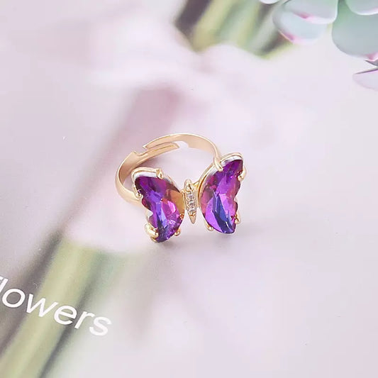 Adjustable Gold-plated Purple Crystal Butterfly Ring