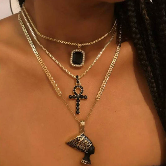 Gold-Plated Nefertiti Egyptian Ankh Multi-Layered Necklace | High-quality African and Caribbean inspired by Jewellery and accessories | African Jewellery | Caribbean jewellery | Afro-Caribbean accessories | African jewelry