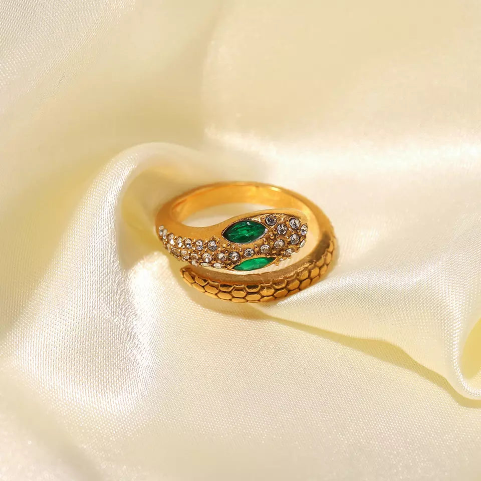 Adjustable 18ct Gold-plated Green Zircon Snake Ring | High-quality African and Caribbean inspired by Jewellery and accessories | African Jewellery | Caribbean jewellery | Afro-Caribbean accessories | African jewelry