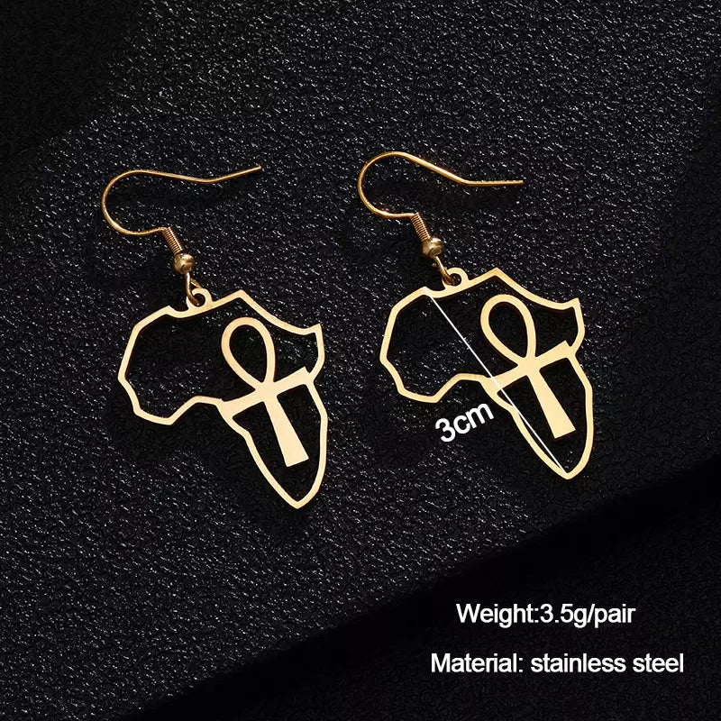 Small Dangle 18ct Gold Plated Africa Map Egyptian Ankh Earrings
