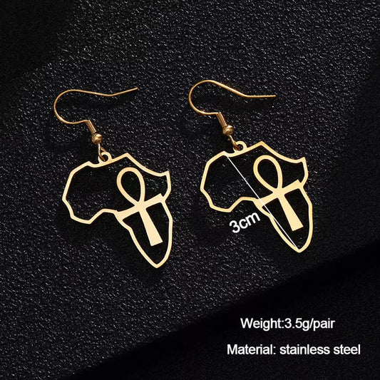 Small Dangle 18ct Gold Plated Africa Map Egyptian Ankh Earrings