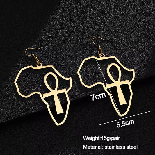 Large Dangle 18ct Gold Plated Africa Map Egyptian Ankh Earrings