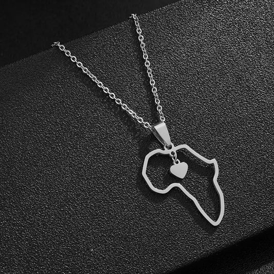 Stainless Steel Africa Outline Map Heart Pendant Necklace