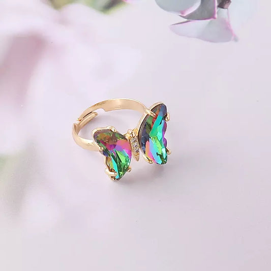 Adjustable Gold-plated Green Crystal Butterfly Ring